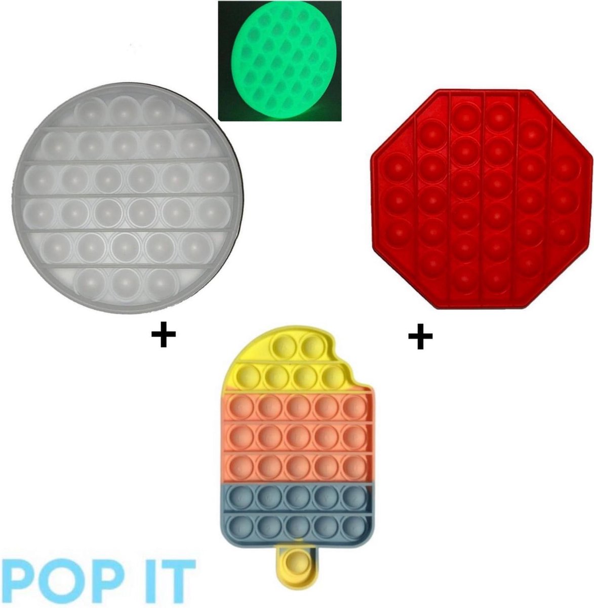 POP IT | Fidget toys pakket | Leuke Set 3 in 1 Glow in the dark rond + Achthoek rood + Ijsje multi | 2021 Trend | Vermindert stress | Cadeautip